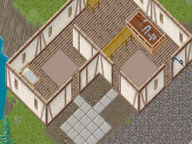 An isometric image of an L-shaped roofless wattle-and-daub structure. It is missing its doors. A display case sits in one corner, containing an axe and some plate armour. A bed sits on the other side.